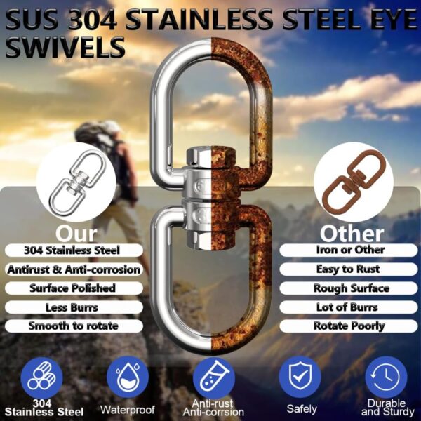 White Tech Swing Swivel Ring Double End Swivel Eye Hook Heavy Duty 304 Stainless Steel Ring Snap Anchor Rolling Shackle Device 360° Swivel Universal Ring Connector Tree Climbing Tool - Image 2