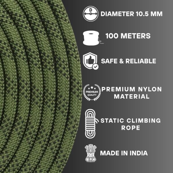 White Tech 10.5MM Static Climbing Rope (Army Green) Heavy Duty Climbing Rope - Image 2