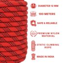 White Tech Rock Climbing Rope 12mm  32KN Breaking Strength Ideal for Zipline,Mountaineering & Rock Climbing, Rappelling Rope, Rescue and Safety Durable Nylon Construction Lightweight (Red)