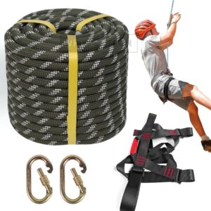 White Tech Rock Climbing Rope, (10.5MM 100Mtr) Nylon Braided Rope Static Rope, High Strength Safety Rope, Hiking Climbing Fire Rappelling Rope with Safety Belt Climbing Carabiner Included (Black)