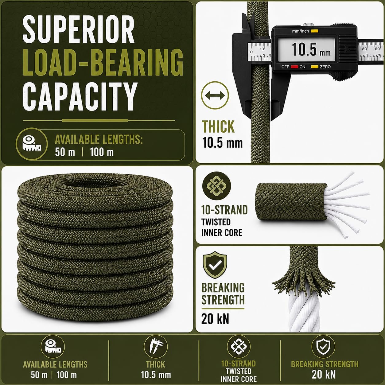 White Tech 10.5mm Static Climbing Rope (Olive Green) - Image 2