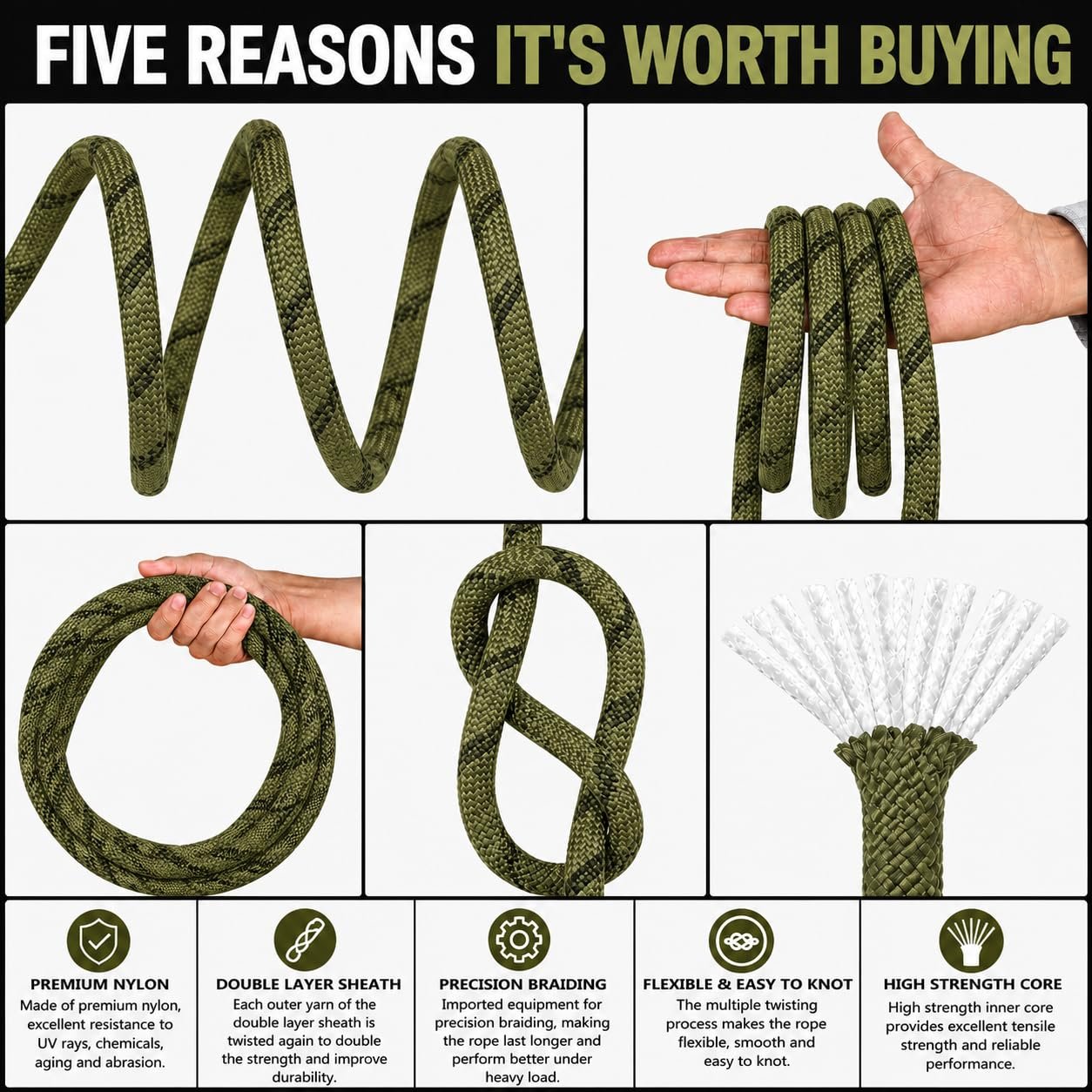 White Tech 10.5mm Static Climbing Rope (Olive Green) - Image 5