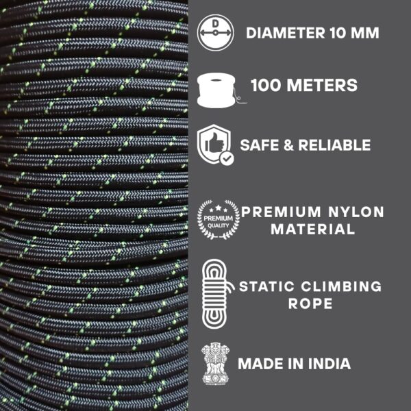 White Tech 10 MM Static Kernmantle Rock Climbing Rope, Rappelling Rope for Outdoor, Hiking Safety Escape Rope, Rescue Parachute Rope, Mountaineering, Hauling, Static Climbing Rope - Image 2