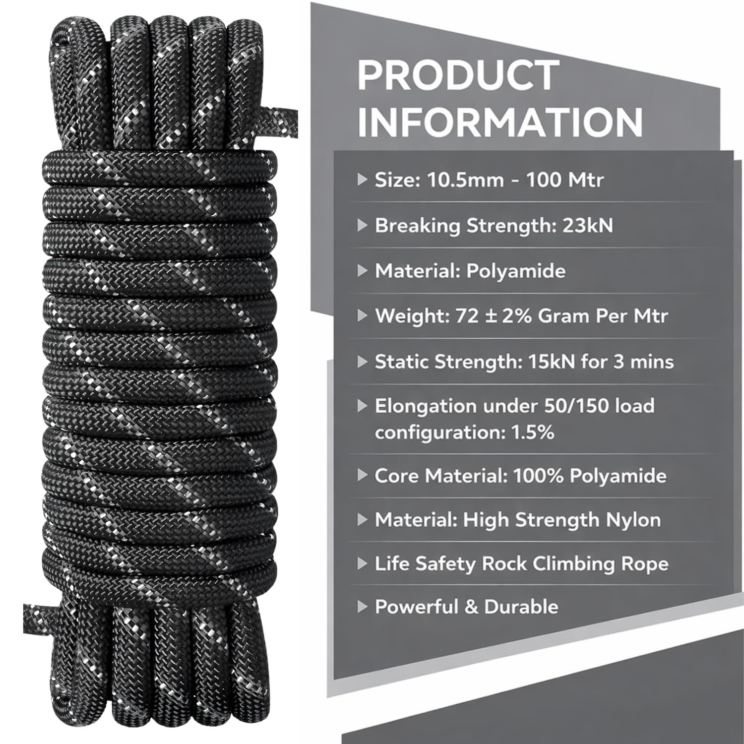 White Tech Static Climbing Rope 10.5mm 100 Mtr Multipurpose Rope (Black) - Image 2