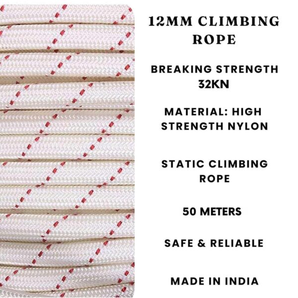 White Tech 12mm Climbing Static Rope Nylon 32 KN Breaking High Strength Industrial Safety Rope, Hiking Climbing Fire Escape Rappelling Construction Height Ideal - Image 2
