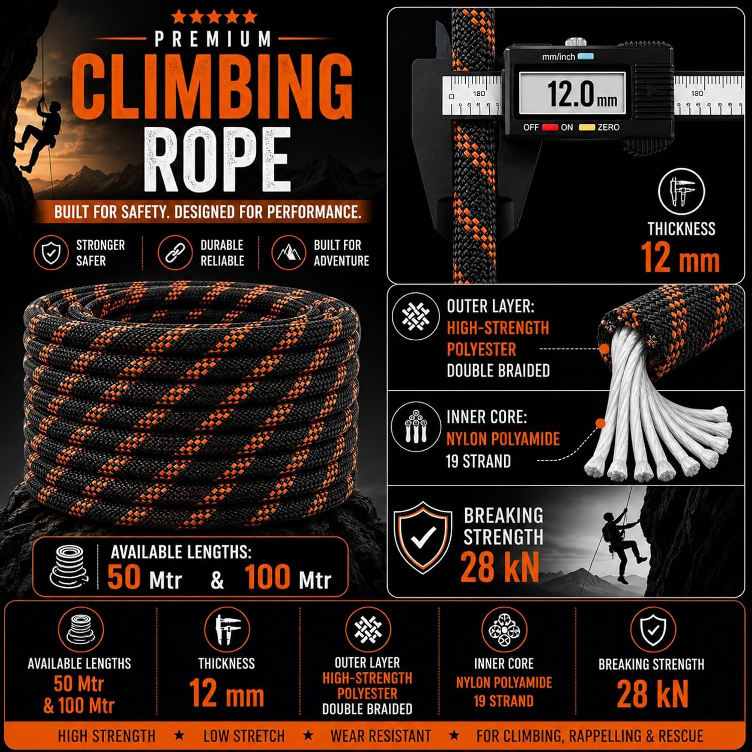 White Tech 12mm Kernmantle rope Static Rope 30Kn Breaking Strength (Black) - Image 2