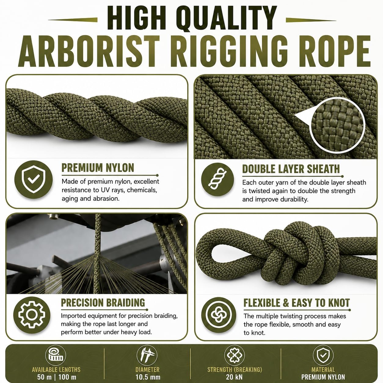 White Tech 10.5mm Static Climbing Rope (Olive Green) - Image 4