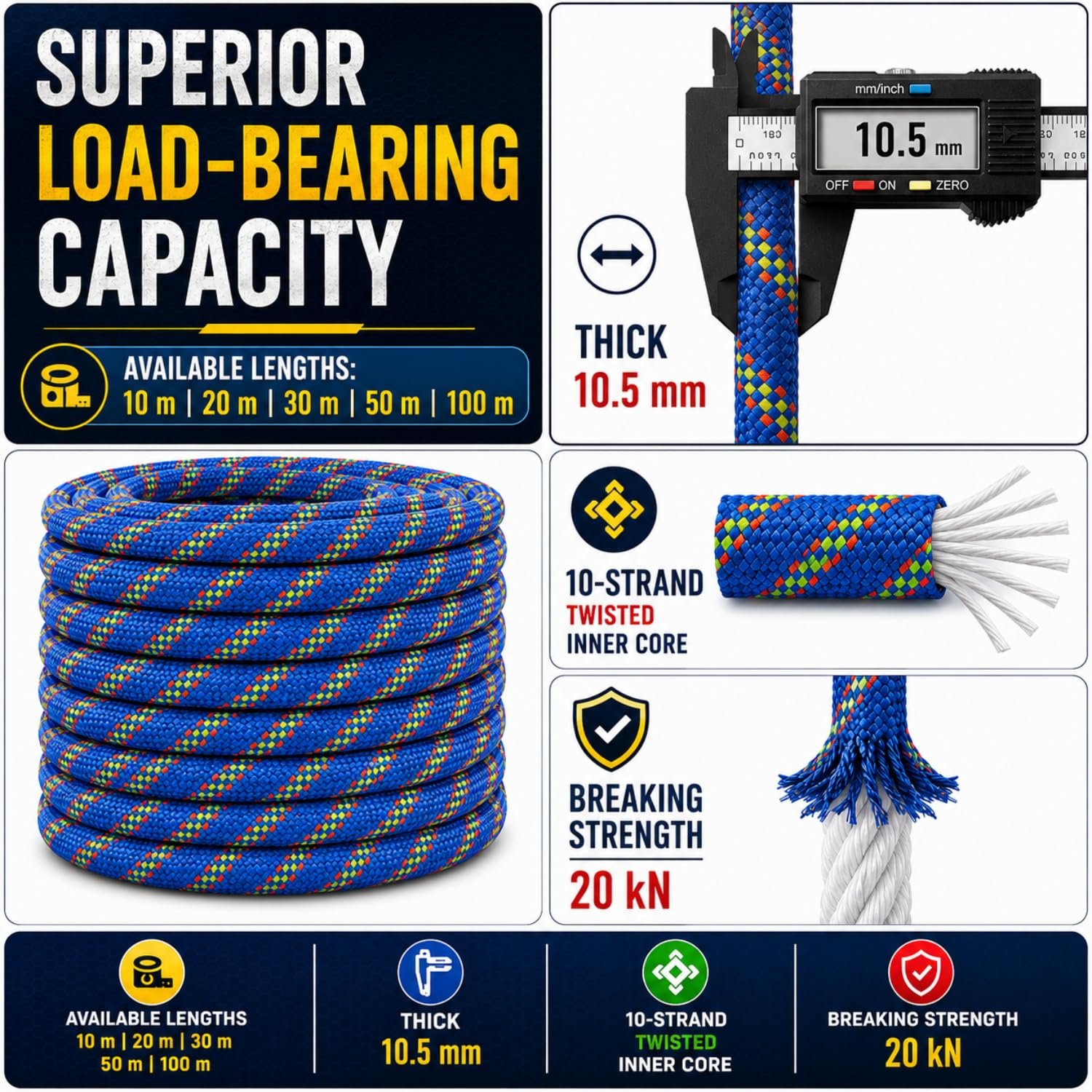 Climbing Rope 10.5mm 100 Mtr Static Rope | 20kN Breaking Strength for Rappelling, Rescue (Blue) - Image 2