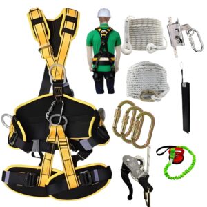 Package Includes : (1) Full Body Sit Harness (1Pc) (2) Kernmantle Rope 10.5mm 50Mtr (3) Twisted Rope 14mm 50Mtr (4) Double Stop Descender (1pc) (5) Fall Arrester SS (1Pc) (6) Glass Suction Pad With Tool (1pc) (7) Rope Protector (1pc) (8) Karabiner MS (3pc) (9) Kit Bag ✅Complete Facade Cleaning Safety Kit Designed for high-rise building cleaning, glass facade work, and industrial climbing — all essential safety components in one kit. ✅ Full Body Harness with Comfort Padding Ergonomic design with padded shoulder, waist, and leg straps for maximum comfort during long working hours. ✅ High Strength Rope & Fall Arrester System Premium quality static rope with rope grab (fall arrester) that locks instantly in case of a fall for maximum protection. ✅ Durable Karabiners & Connectors Heavy-duty alloy steel karabiners ensure secure attachment and high load capacity for reliable performance. ✅ Industrial Grade Material & Safety Compliance Made from high-strength polyester webbing with CE-compliant components, ideal for professional use and long-lasting durability.