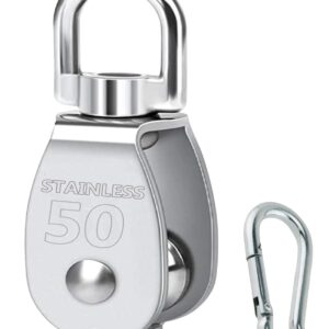 ✅ Load Capacity (M15 25 kg), (M25 100 kg),(M32 150 kg), (M50 300 kg), (M15 25 kg), (M75 800 kg), (M100 1200 kg) With a remarkable loading capacity this hoisting pulley wheel is capable of handling heavy loads with ease. This impressive loading capacity makes it ideal for a wide range of lifting applications, providing you with the confidence to lift substantial weights safely and securely. ✅ PACKAGE INCLUDED: (1 Pc Single Swivel Pulley) (1 Pc Steel Snap Hook) ✅ 304 STAINLESS STEEL CONSTRUCTION: This hoisting pulley wheel is engineered from 304 stainless steel, ensuring exceptional durability and resistance to corrosion. Its robust build is designed to withstand harsh environments, maintaining peak performance in various lifting mechanisms and DIY crafts, providing long-term reliability and strength. ✅ SMOOTH BEARING MECHANISM: Featuring a precision-engineered bearing mechanism, this pulley wheel delivers smooth and efficient operation. The refined bearing reduces friction and ensures seamless movement, making your lifting tasks easier and more manageable. ✅ 360 Degree Rotation: Pulley block with smooth rolling wheel, swivel top ring helps to prevent rope, cable or wire from knotting, and provide convenient use for ease wire handling ✅ HIGH-QUALITY MATERIAL: The high-quality lifting pulley is made of 304 stainless steel, which features a smooth surface, lightweight, robustness, rust-proof, corrosion-resistant and durability ✅ EASY INSTALLATION: Designed with user convenience in mind, this pulley wheel offers straightforward installation. Whether you're incorporating it into a lifting mechanism or a DIY craft project, its hassle-free setup ensures you can swiftly get your lifting tasks underway with minimal effort and maximum efficiency ✅ INSTRUCTIONS FOR USE: Our pulleys can be used in conjunction with tools such as wire rope, nylon rope and hemp rope for towing and lifting tasks. They are the best choice for both industrial applications (e.g. lifting, transportation, suspension) and everyday use ( clotheslines, hammocks, tents and fishing boats).