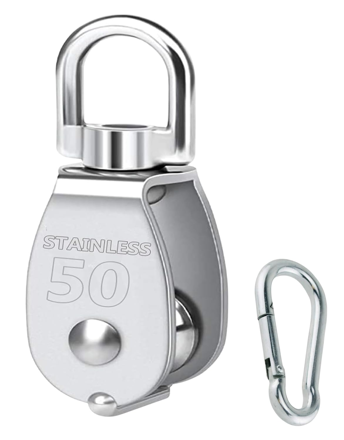 ✅ Load Capacity (M15 25 kg), (M25 100 kg),(M32 150 kg), (M50 300 kg), (M15 25 kg), (M75 800 kg), (M100 1200 kg) With a remarkable loading capacity this hoisting pulley wheel is capable of handling heavy loads with ease. This impressive loading capacity makes it ideal for a wide range of lifting applications, providing you with the confidence to lift substantial weights safely and securely. ✅ PACKAGE INCLUDED: (1 Pc Single Swivel Pulley) (1 Pc Steel Snap Hook) ✅ 304 STAINLESS STEEL CONSTRUCTION: This hoisting pulley wheel is engineered from 304 stainless steel, ensuring exceptional durability and resistance to corrosion. Its robust build is designed to withstand harsh environments, maintaining peak performance in various lifting mechanisms and DIY crafts, providing long-term reliability and strength. ✅ SMOOTH BEARING MECHANISM: Featuring a precision-engineered bearing mechanism, this pulley wheel delivers smooth and efficient operation. The refined bearing reduces friction and ensures seamless movement, making your lifting tasks easier and more manageable. ✅ 360 Degree Rotation: Pulley block with smooth rolling wheel, swivel top ring helps to prevent rope, cable or wire from knotting, and provide convenient use for ease wire handling ✅ HIGH-QUALITY MATERIAL: The high-quality lifting pulley is made of 304 stainless steel, which features a smooth surface, lightweight, robustness, rust-proof, corrosion-resistant and durability ✅ EASY INSTALLATION: Designed with user convenience in mind, this pulley wheel offers straightforward installation. Whether you're incorporating it into a lifting mechanism or a DIY craft project, its hassle-free setup ensures you can swiftly get your lifting tasks underway with minimal effort and maximum efficiency ✅ INSTRUCTIONS FOR USE: Our pulleys can be used in conjunction with tools such as wire rope, nylon rope and hemp rope for towing and lifting tasks. They are the best choice for both industrial applications (e.g. lifting, transportation, suspension) and everyday use ( clotheslines, hammocks, tents and fishing boats).