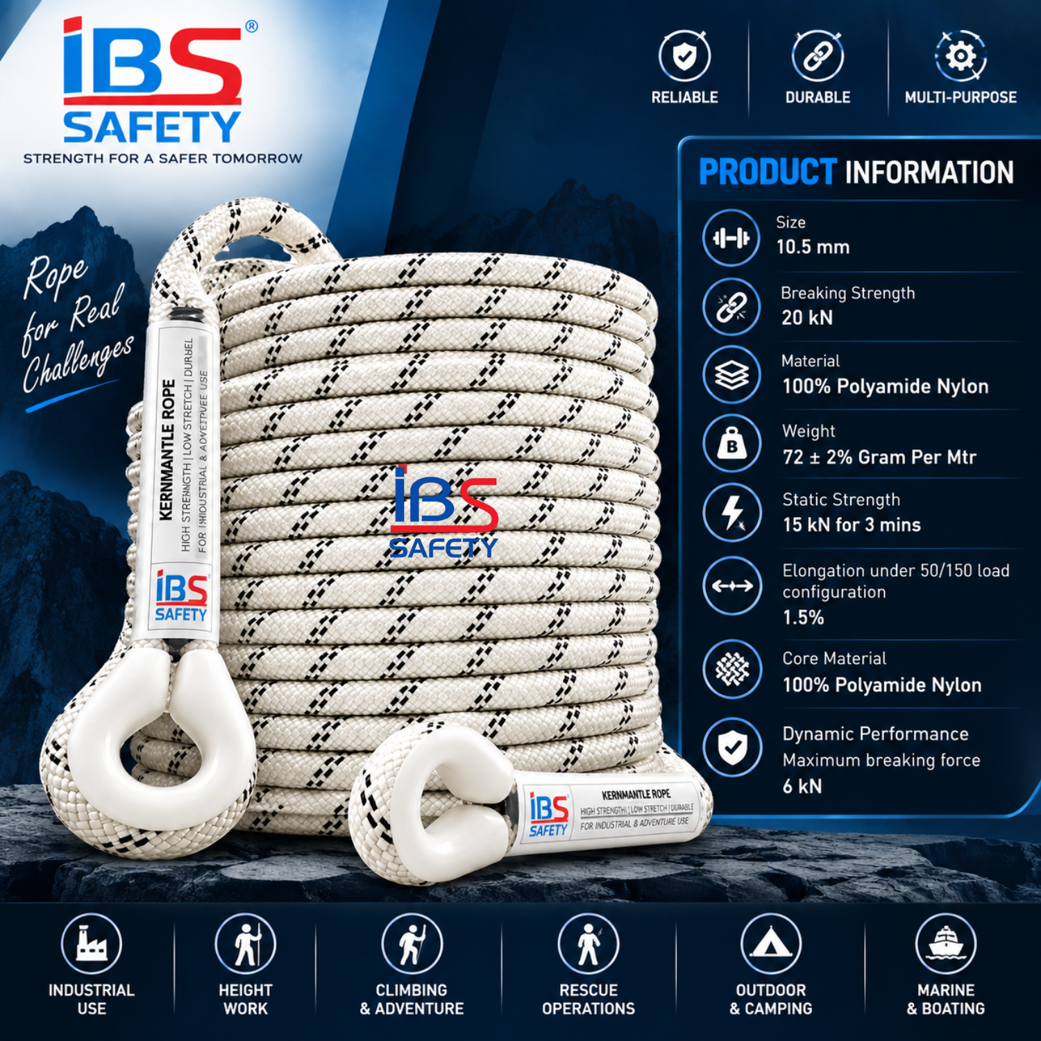 IBS Kernmantle Rope Static Rope 10.5mm, Static Rope,100% Polyamide Nylon - Image 3